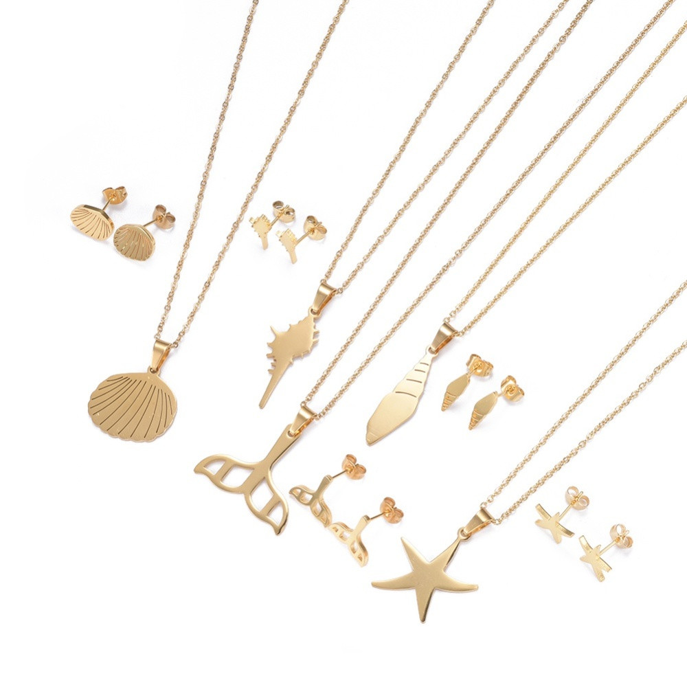 Набір Океан Ланцюжок з Кулоном і Сережки-гвоздики, Нерж. Сталь, Золото, 45см, 5 комплектів/набір, фото 1