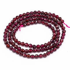 Намистини Натуральний Гранат Круглі Грановані, 3мм, Отвір 0.5мм, близько 125шт/37.5см/нитка