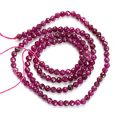 Намистини Натуральний Рубін Круглі Грановані, 3мм, Отвір 0.6мм, близько 117шт/36см/нитка