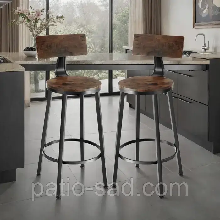 2 барні стільці Poole з дерева в індустріальному стилі, колір темне дерево, фото 1