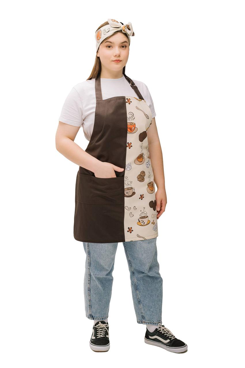 Кухонний комплект “Кава” — фартух з нагрудником і двостороння солоха з тканин DUCK та Грета, тефлонове просочення