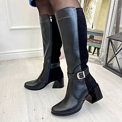 Жіночі чоботи на стійких підборах. Натуральна шкіра та замша чорного кольору