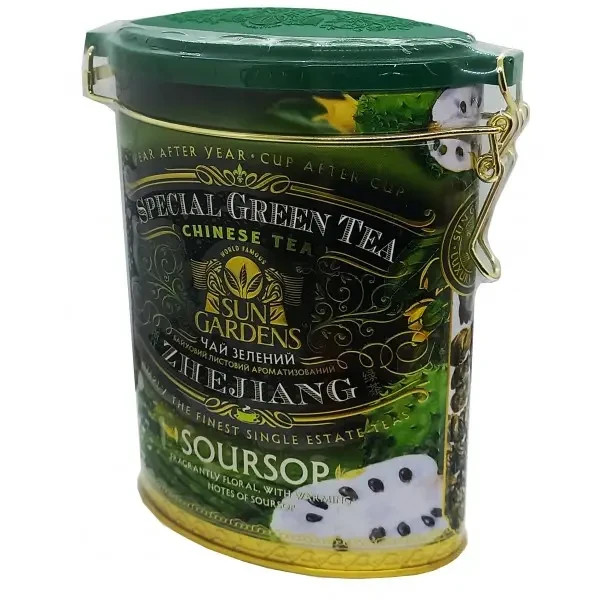 Чай Sun Gardens зелений байховий листовий ароматизований Soursop 100 грам у металевій банці, фото 1