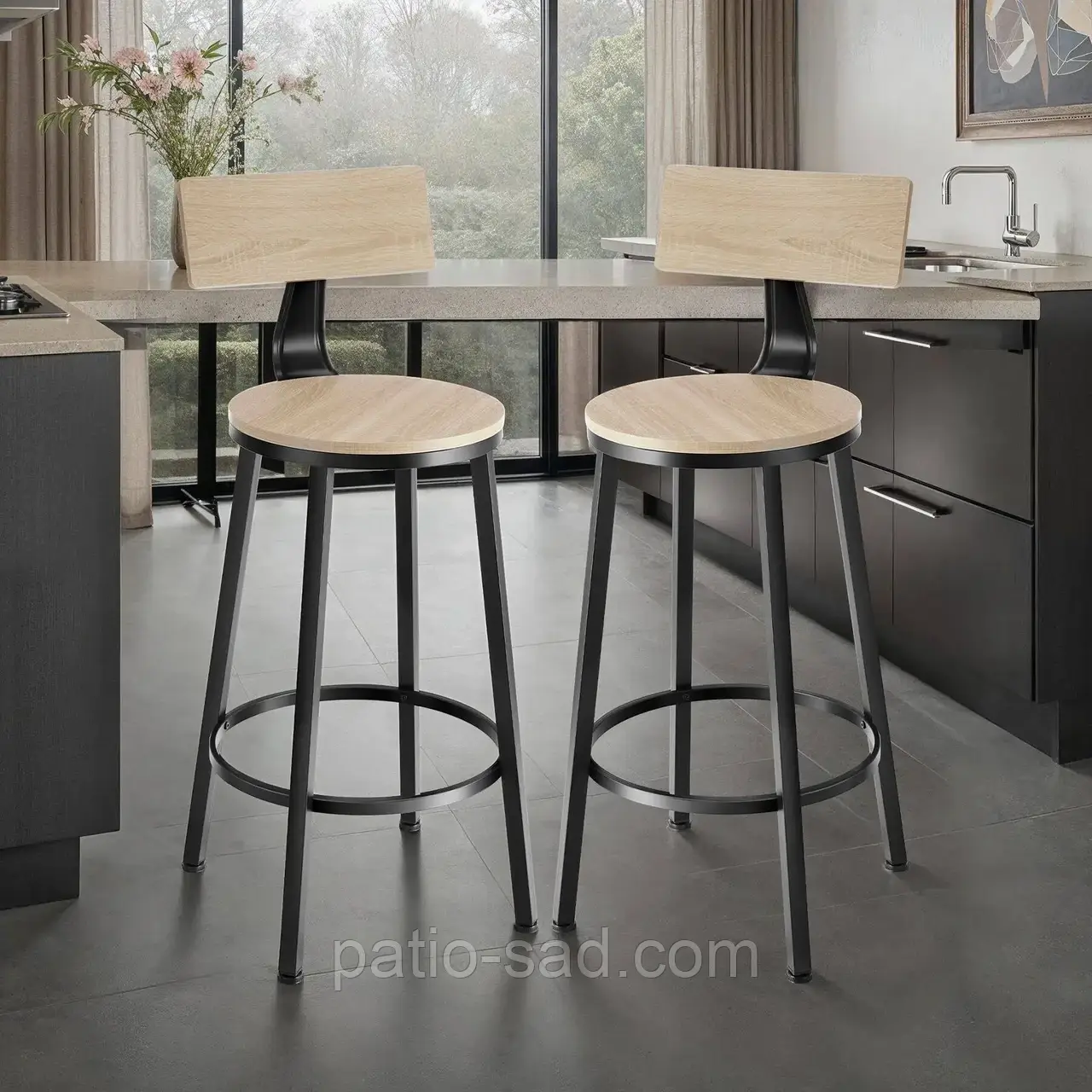 2 барні стільці Poole з дерева в індустріальному стилі, колір світле дерево Сонома, фото 1