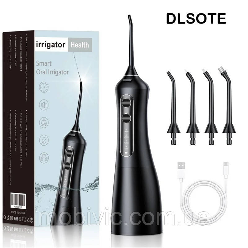 Портативний іригатор DLSOTE чорний, 4 насадки, (300 мл) — ОРИГИНАЛ!