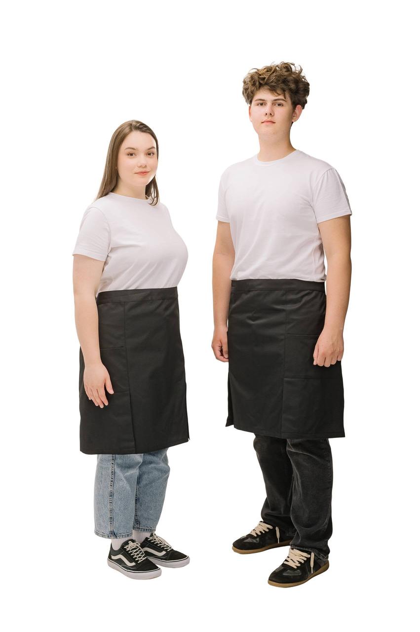 Фартух офіціанта чорний середньої довжини з боковими шліцами — натуральна тканина