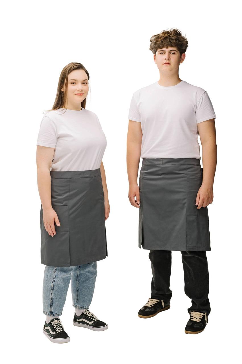 Фартух офіціанта сірий середньої довжини з боковими шліцами — натуральна тканина