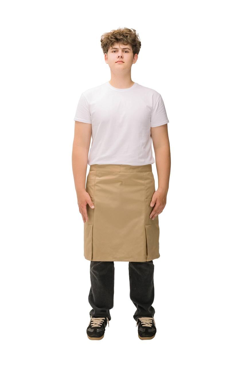 Фартух офіціанта бежевий середньої довжини з боковими шліцами — натуральна тканина
