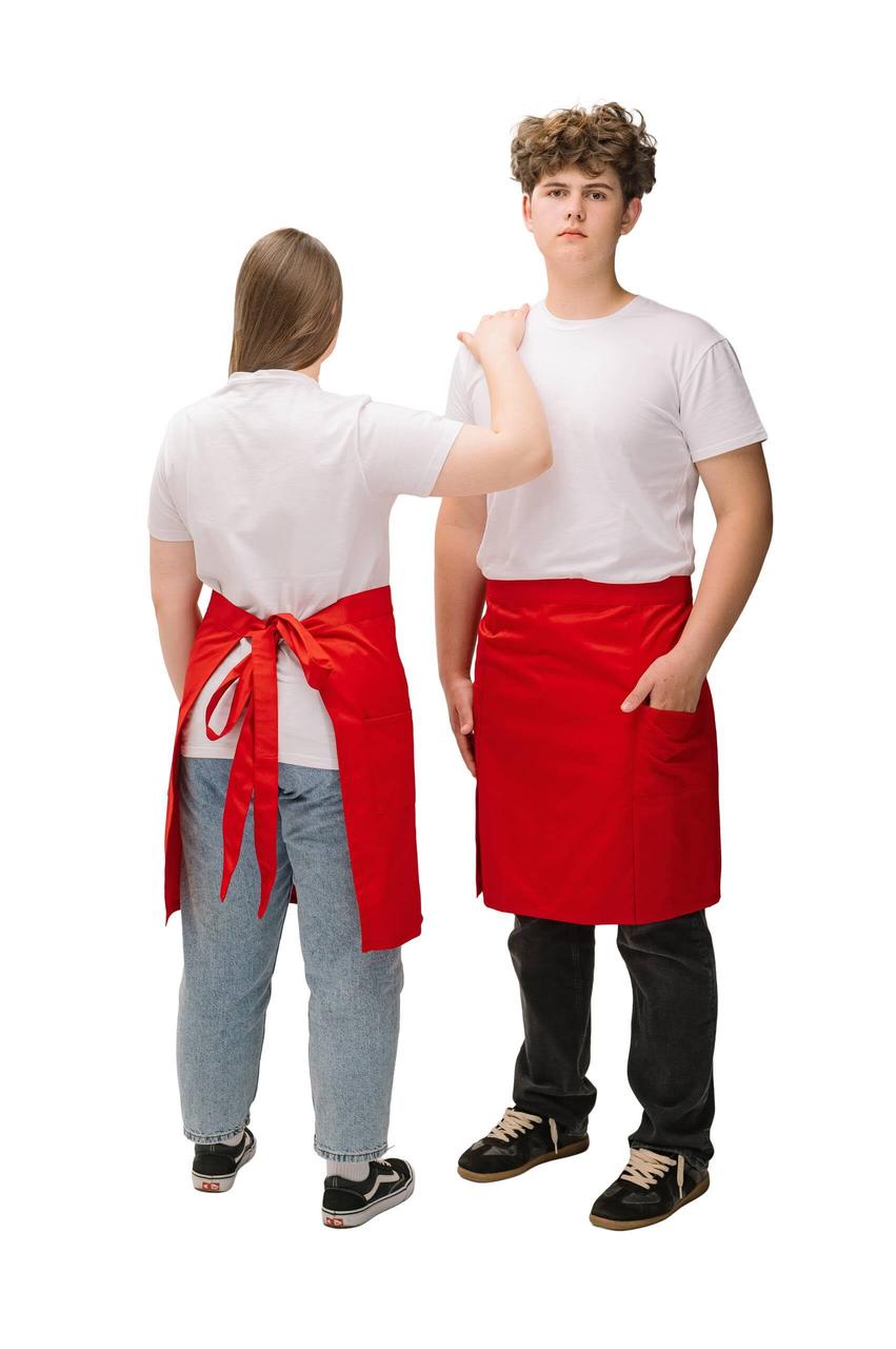 Фартух офіціанта червоний середньої довжини з боковими шліцами — натуральна тканина