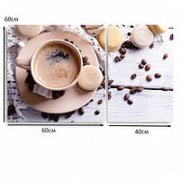 Картина для кухні Чашка кава, Кавові зерна, Макаруни Бежевий колір Друк на холсті 100х60см з 2 частин, фото 4