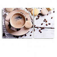 Картина для кухні Чашка кава, Кавові зерна, Макаруни Бежевий колір Друк на холсті 100х60см з 2 частин, фото 2