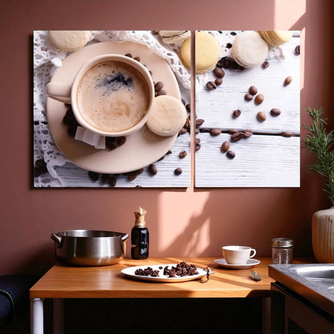 Картина для кухні Чашка кава, Кавові зерна, Макаруни Бежевий колір Друк на холсті 100х60см з 2 частин, фото 1