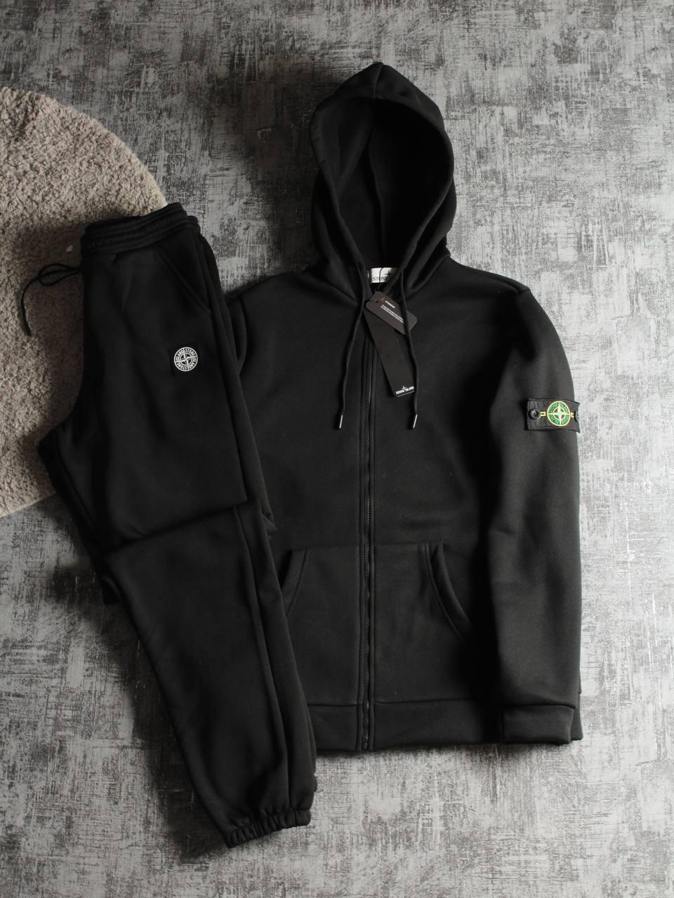 Чоловічий зимовий спортивний костюм Stone Island на блискавці чорний Набір Стон Айленд з капюшоном, фото 1