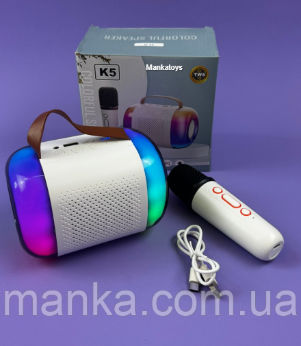 Караоке колонка K5 з мікрофоном білого кольору C 72105 підсвічування, слот для TF Card, bluetooth, фото 1