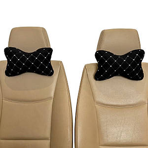 Автомобільні подушки на підголівник з алькантари (Еко-замша) Чорні з білою прошивкою Lux 2 шт