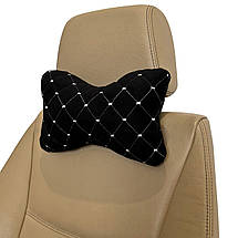 Автомобільна подушка на підголівник з алькантари (Еко-замша) Чорна з білою прошивкою Lux 1 шт, фото 2