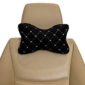 Автомобільна подушка на підголівник з алькантари (Еко-замша) Чорна з білою прошивкою Lux 1 шт