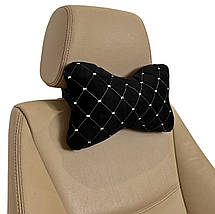 Автомобільна подушка на підголівник з алькантари (Еко-замша) Чорна з білою прошивкою Lux 1 шт, фото 3