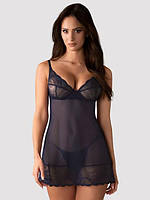 Эротический пеньюар Obsessive L XL Синий Сорочка ночная с кружевом Navy Sheer Lace на косточках XL