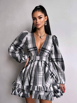 Жіноча сукня з глибоким вирізом і пишною спідницею байка в клітинку Smb9477, фото 1