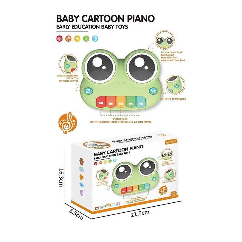 Піаніно дитяче - “Жабка”, підсвічування, кілька режимів, 5 клавіш із нотами, мелодії, барабан YK 7008-1