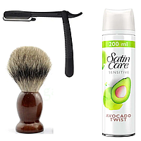 Одноразовая опасная бритва Gillette Premium Platinum + помазок SHIMA + гель для бритья Gillette Satin Avocado