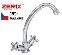 Двовентильний змішувач для кухні поворотний сталевий із двома вентилями кран для мийки хромований