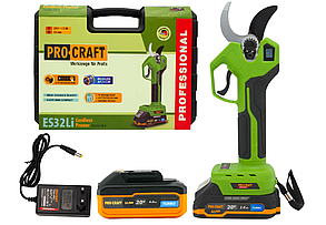 Акумуляторний безщітковий секатор Procraft ES32Li (2 Акумулятори 4 А/год, 2 А/год, зарядне, зріз гілок до 35 мм)
