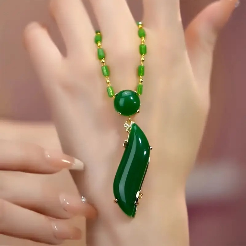 Золотисте кольє ланцюжок з великим зеленим каменем 5.3 см 40 см AurumLux039, фото 1