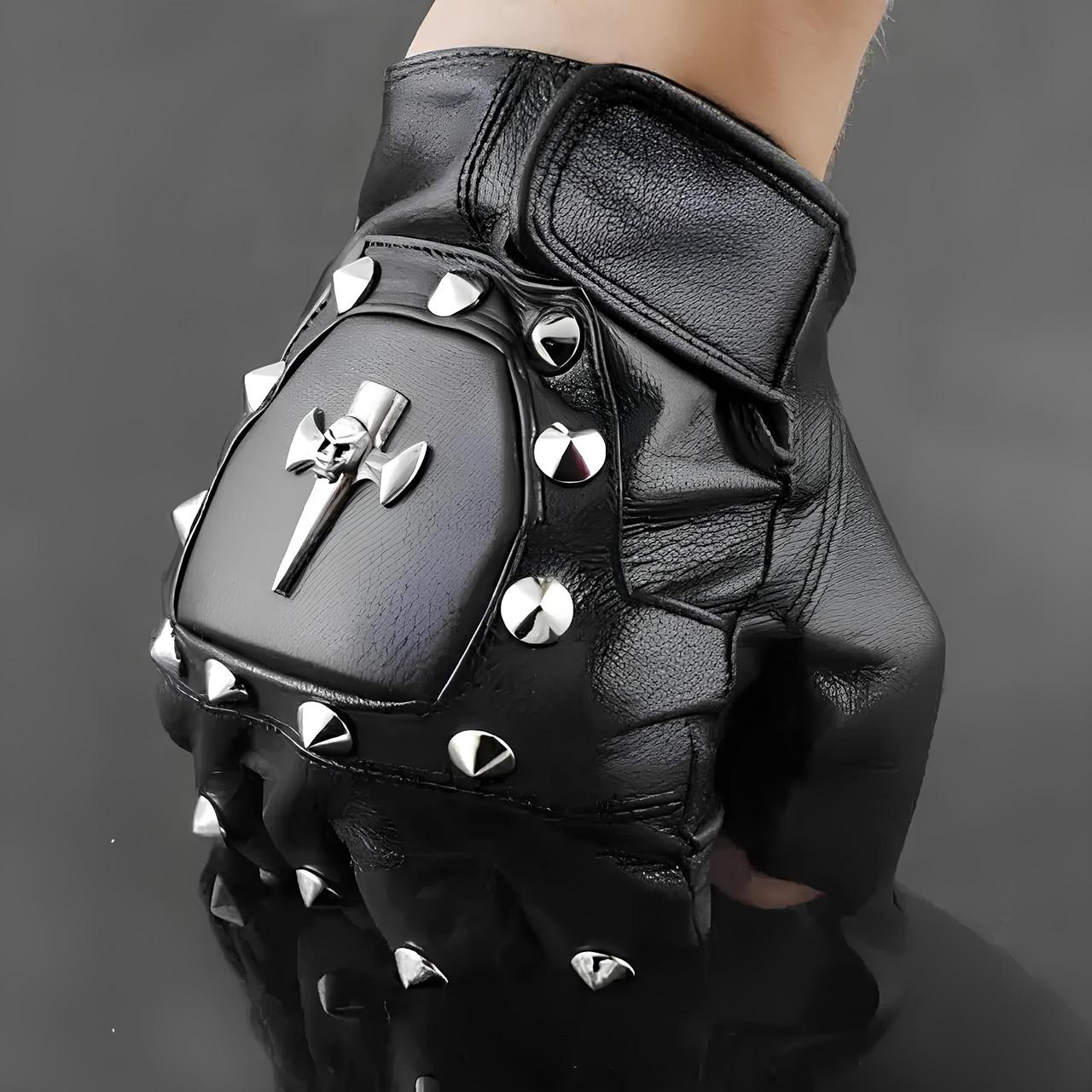 Шкіряні байкерські рукавички без пальців RESTEQ з заклепками — рукавички для мотоцикла, тренувань і стилю, фото 1