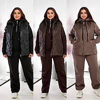 Жіночий спортивний костюм трійка на флісі з жилеткою :48,50,52,54,56,58 чорний шоколад Мокко