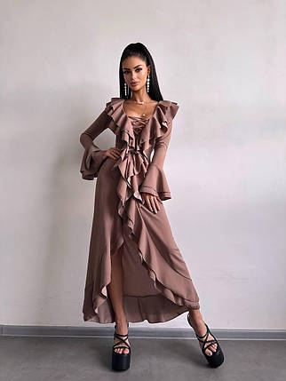 Романтична жіноча сукня максі зі шнурівкою на декольті та воланами Smb9478, фото 1