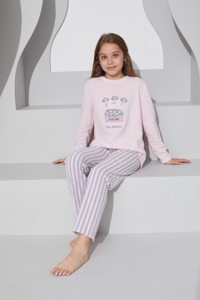 Піжама тепла для дівчаток з флісу полар ніжно-рожева, Попкорн, фото 1