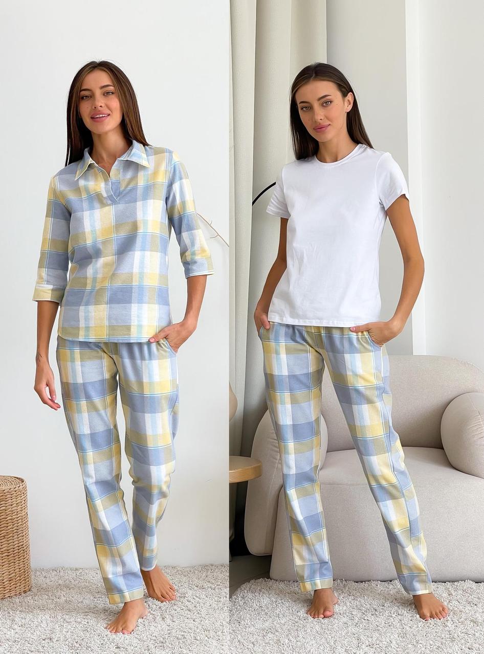 Домашній жіночий комплект COSY у клітинку трійка (сорочка+штани+футболка) жовто/сірий., фото 1