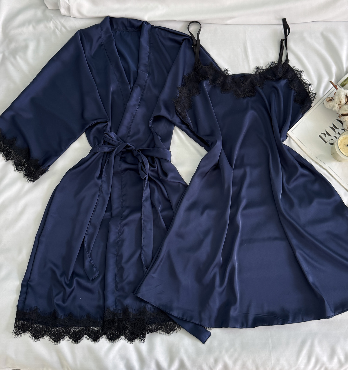 Жіночий шовковий халат і пеньюар двійка темно-синій, фото 1