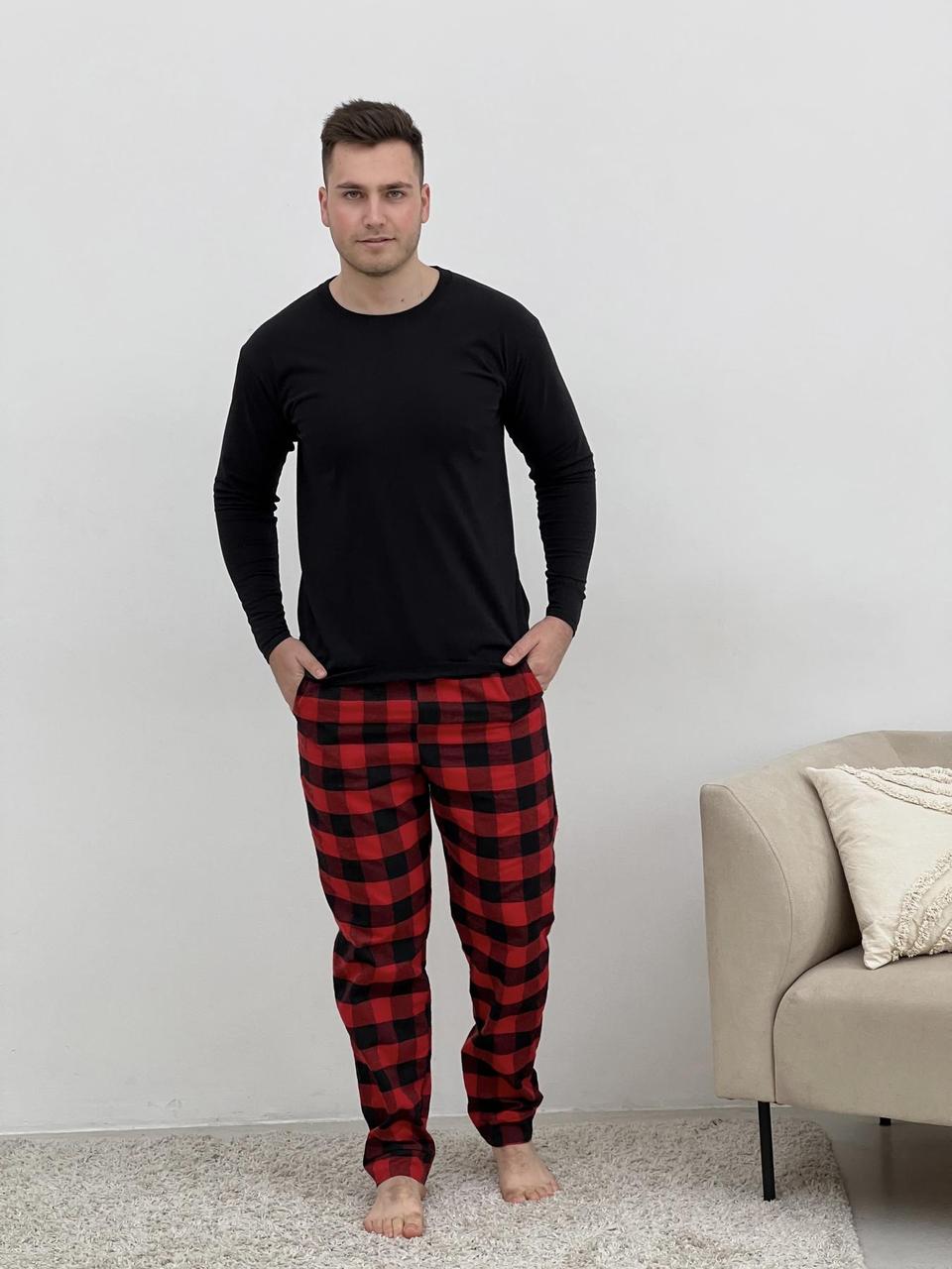 Домашня піжама для чоловіків COSY із фланелі (штани+лонгслів чорний) червоно/чорні, фото 1