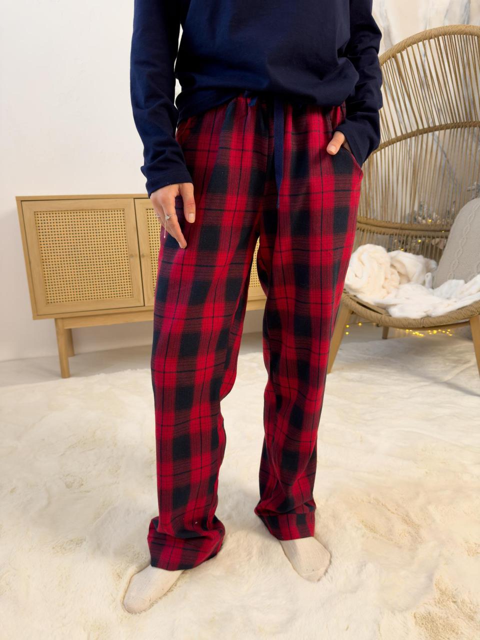 Жіночі штани COSY з фланелі "Глен", клітина червоно/темно-синя, фото 1