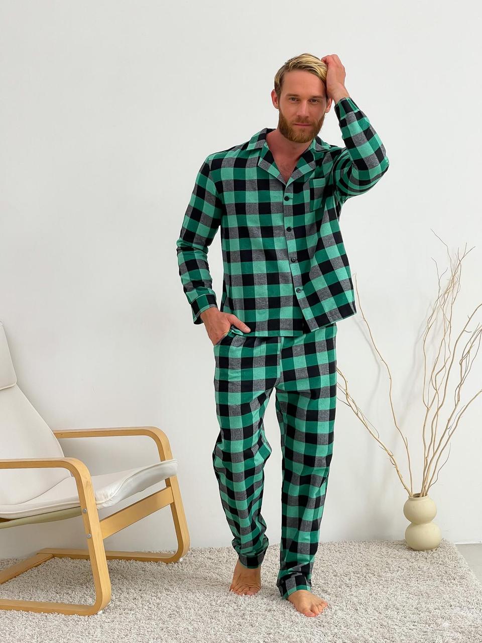 Піжама чоловіча COSY з фланелі (штани+сорочка) клітина зелено/чорна, фото 1