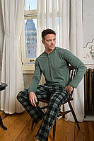 Чоловіча бавовняна піжама "Cameron Premium" лонгслів та штани в клітину, зелено-сірий