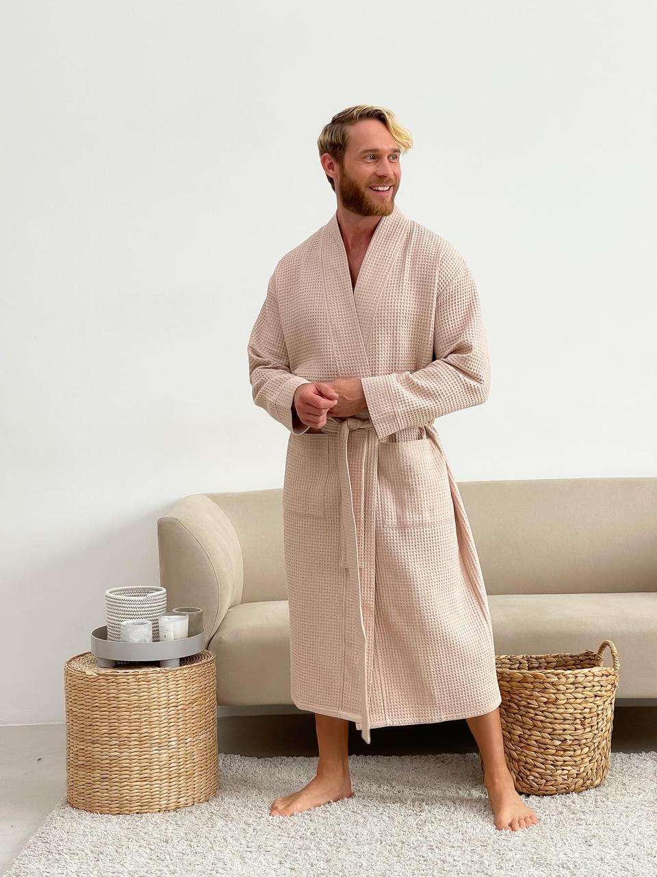Чоловічий вафельний халат беж, фото 1