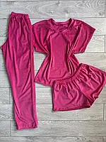 Жіноча тепла плюшева піжама трійка штани шорти футболка малина