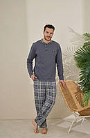 Чоловіча бавовняна піжама "Cameron" лонгслів та штани в клітину, сіра