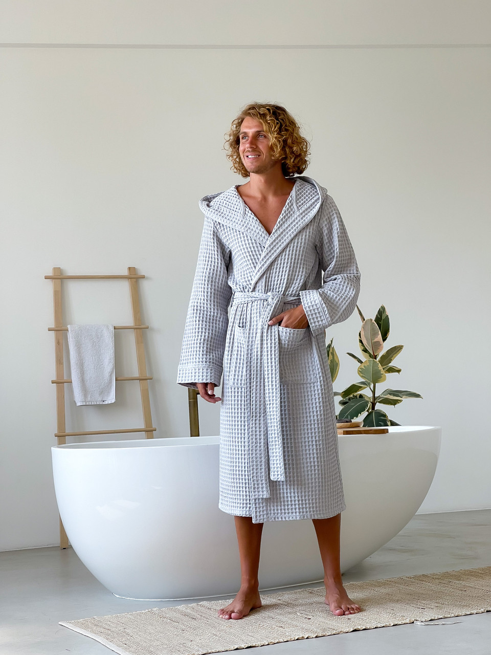 Халат чоловічий COSY з капюшоном Грецька вафелька світло сірий, фото 1