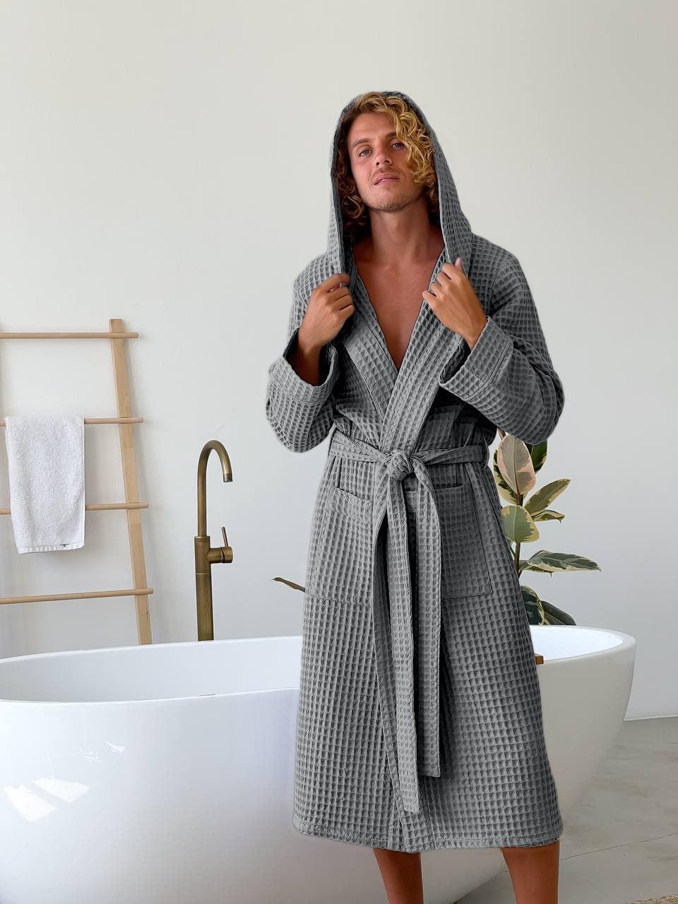 Халат чоловічий COSY з капюшоном Грецька вафелька темно сірий, фото 1