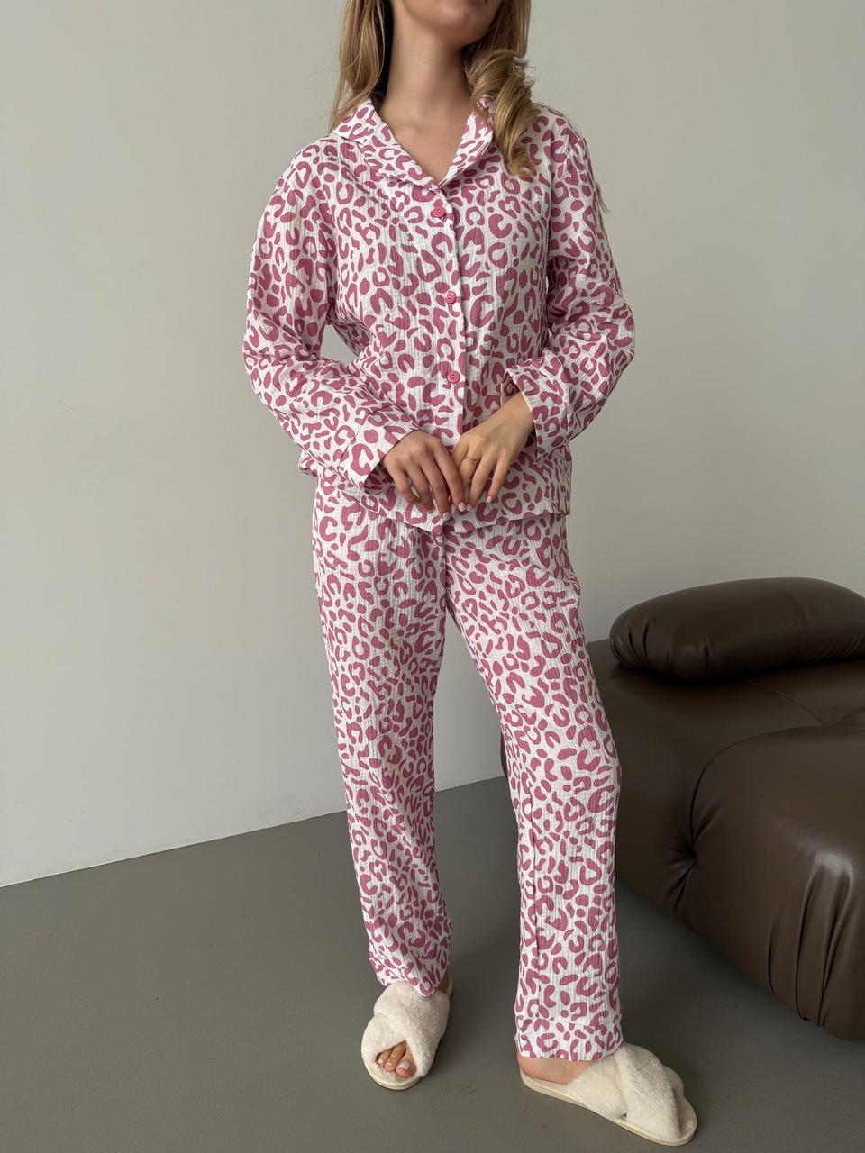 Жіноча піжама з мусліну Crocus з леопардовим принтом(сорочка+штани), фото 1
