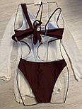 Жіночий суцільний купальник із вирізами — коричневий, з поролоновими вкладками, розміри S-M-L, фото 2