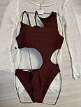 Жіночий суцільний купальник із вирізами — коричневий, з поролоновими вкладками, розміри S-M-L, фото 3