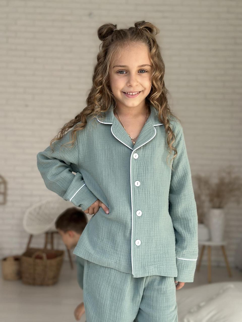 Дитяча муслінова піжамна сорочка довгий рукав VIVA, евкаліпт, фото 1