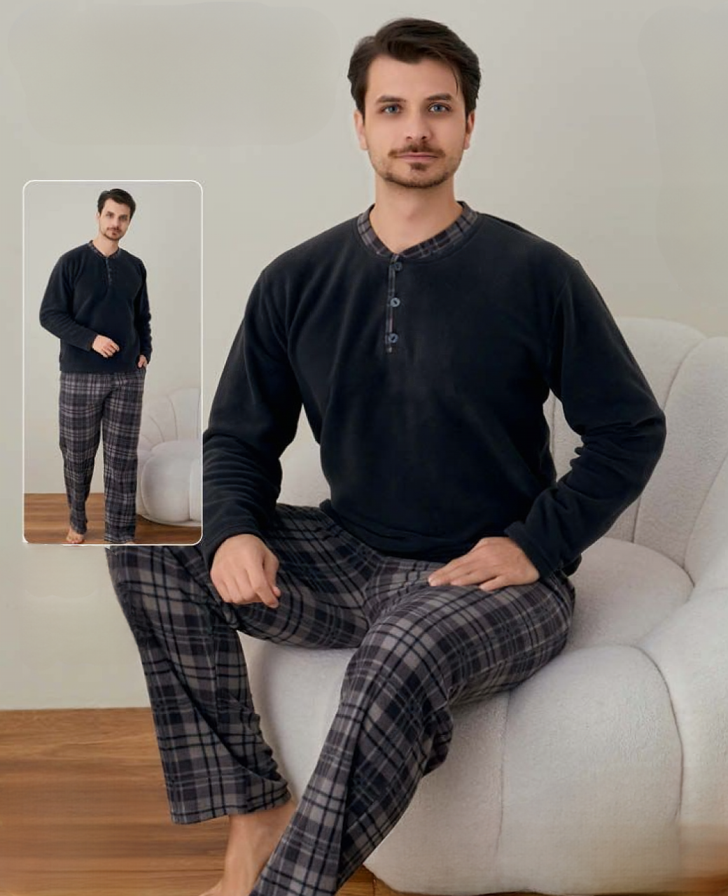 Чоловіча тепла піжама з флісу полар, у клітинку графіт-грейдж, фото 1