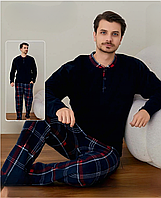 Чоловіча тепла піжама з флісу полар, синя в клітинку